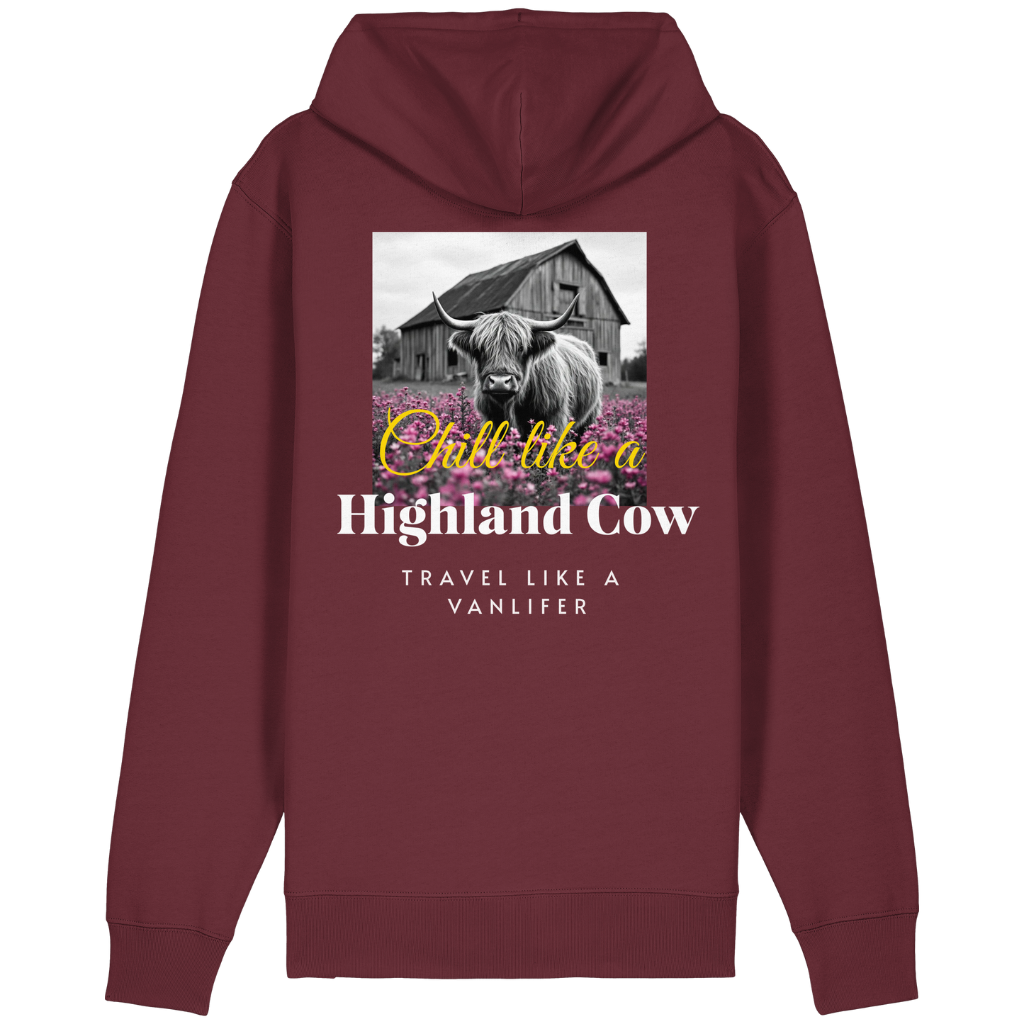 Chill like a Highland Cow – Bio Zipper Hoodie (Unisex, Rückendruck)