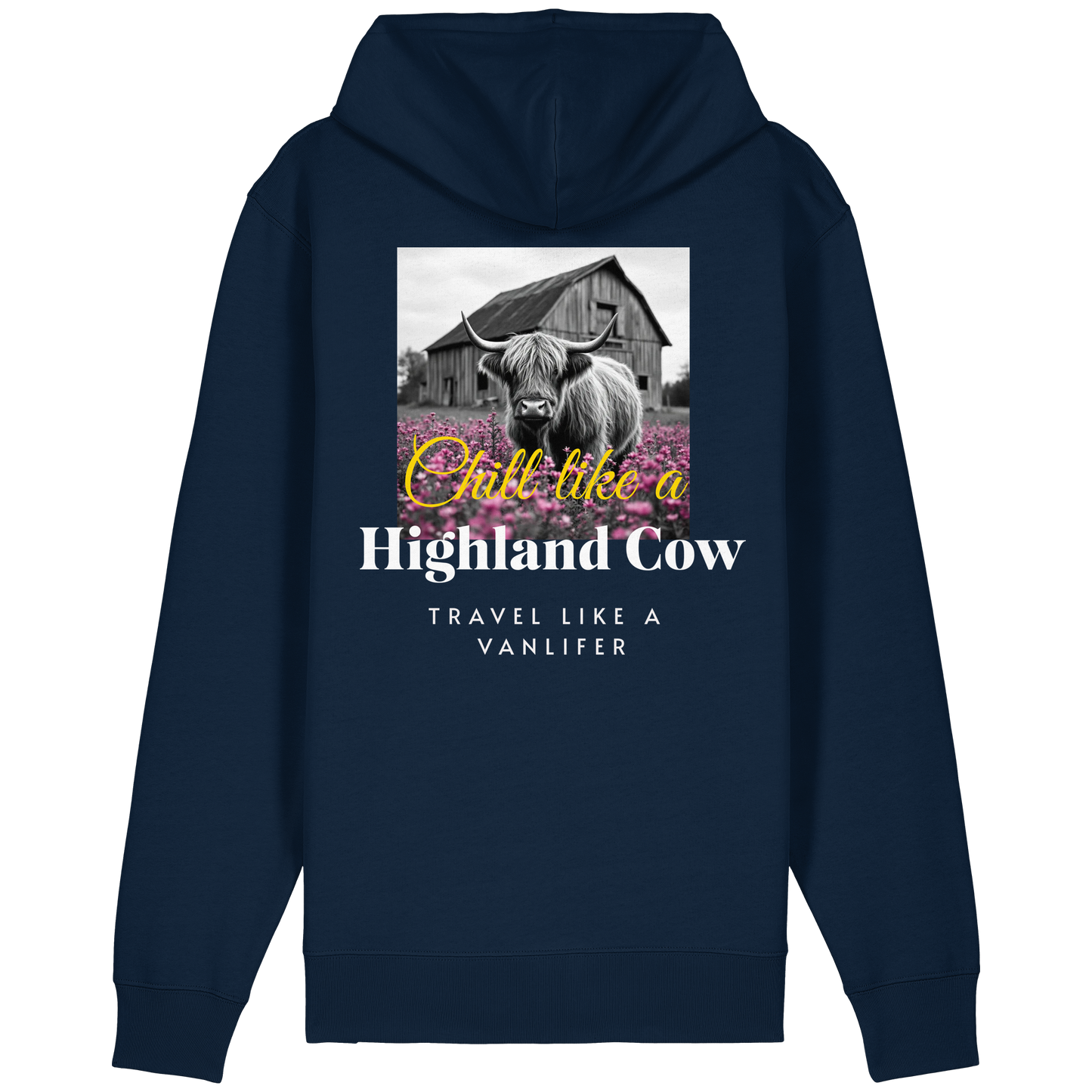 Chill like a Highland Cow – Bio Zipper Hoodie (Unisex, Rückendruck)