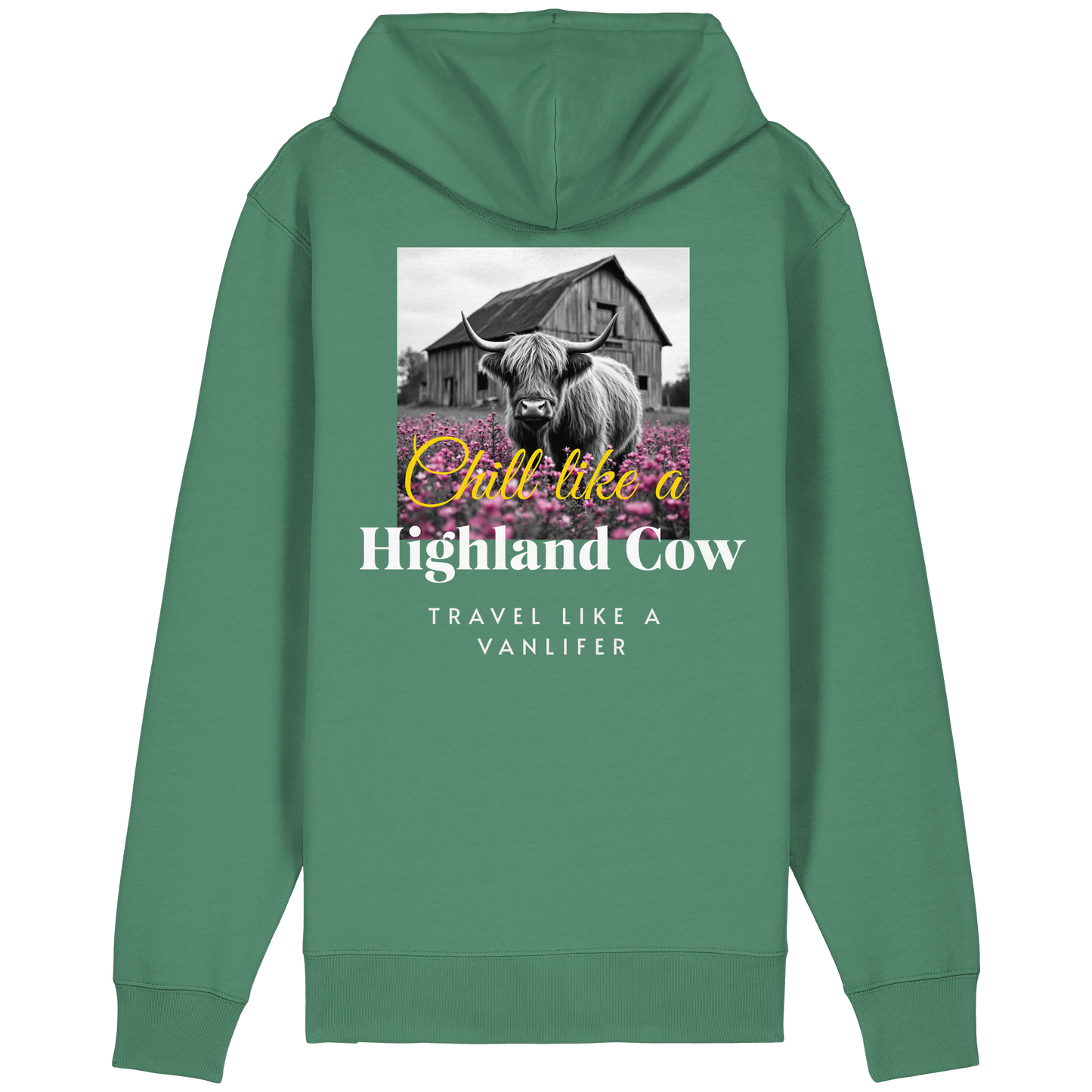 Chill like a Highland Cow – Bio Zipper Hoodie (Unisex, Rückendruck)