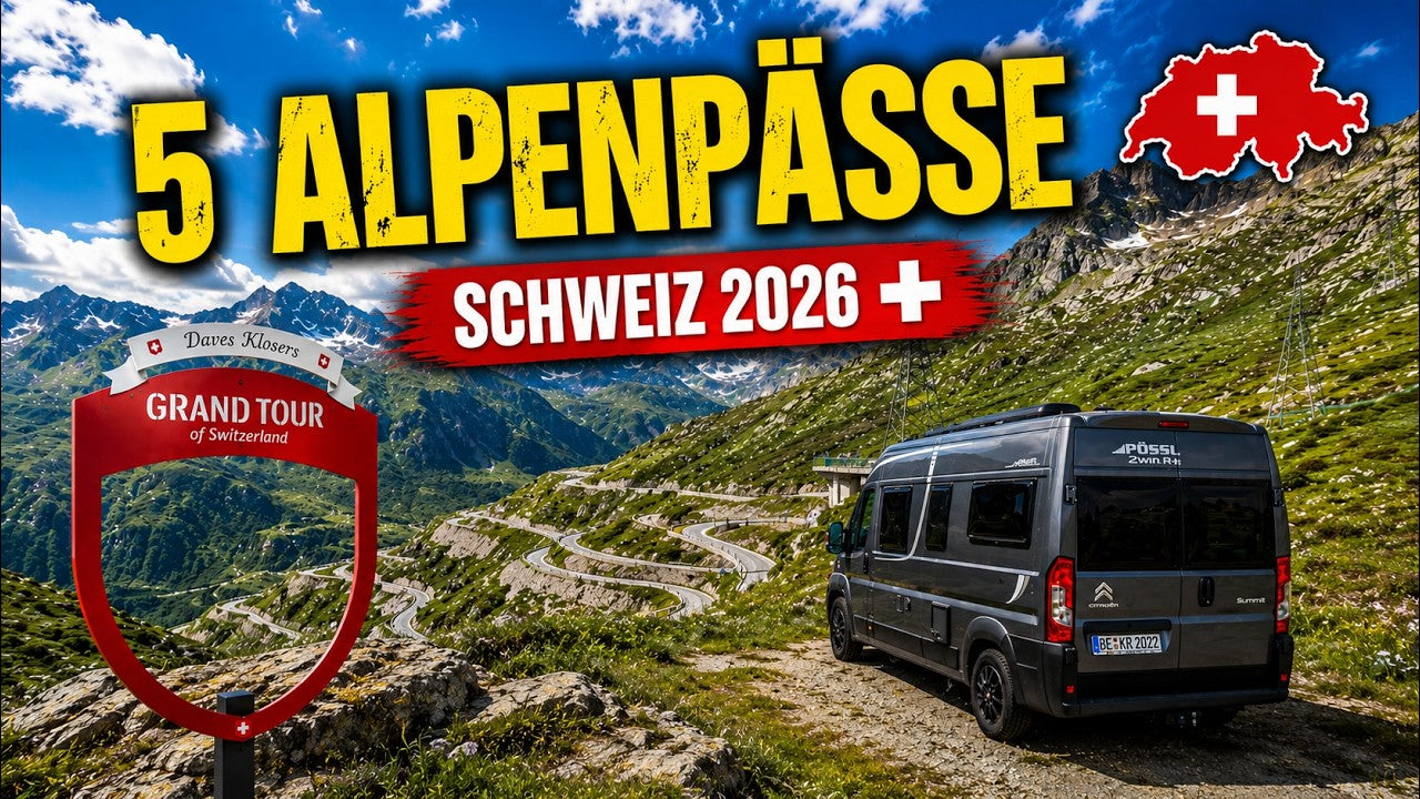 Wohnmobil Wickie auf einer kurvenreichen Alpenstraße in der Schweiz mit der Aufschrift „5 Alpenpässe – Schweiz 2026