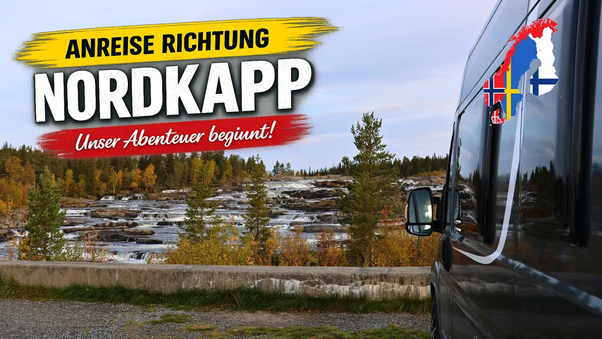 YouTube-Thumbnail zur Wohnmobilreise Richtung Nordkapp mit Wickie am Trappstegsforsen in Schwedisch Lappland
