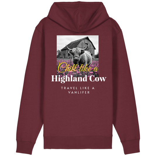 Chill like a Highland Cow – Bio Zipper Hoodie (Unisex, Rückendruck)