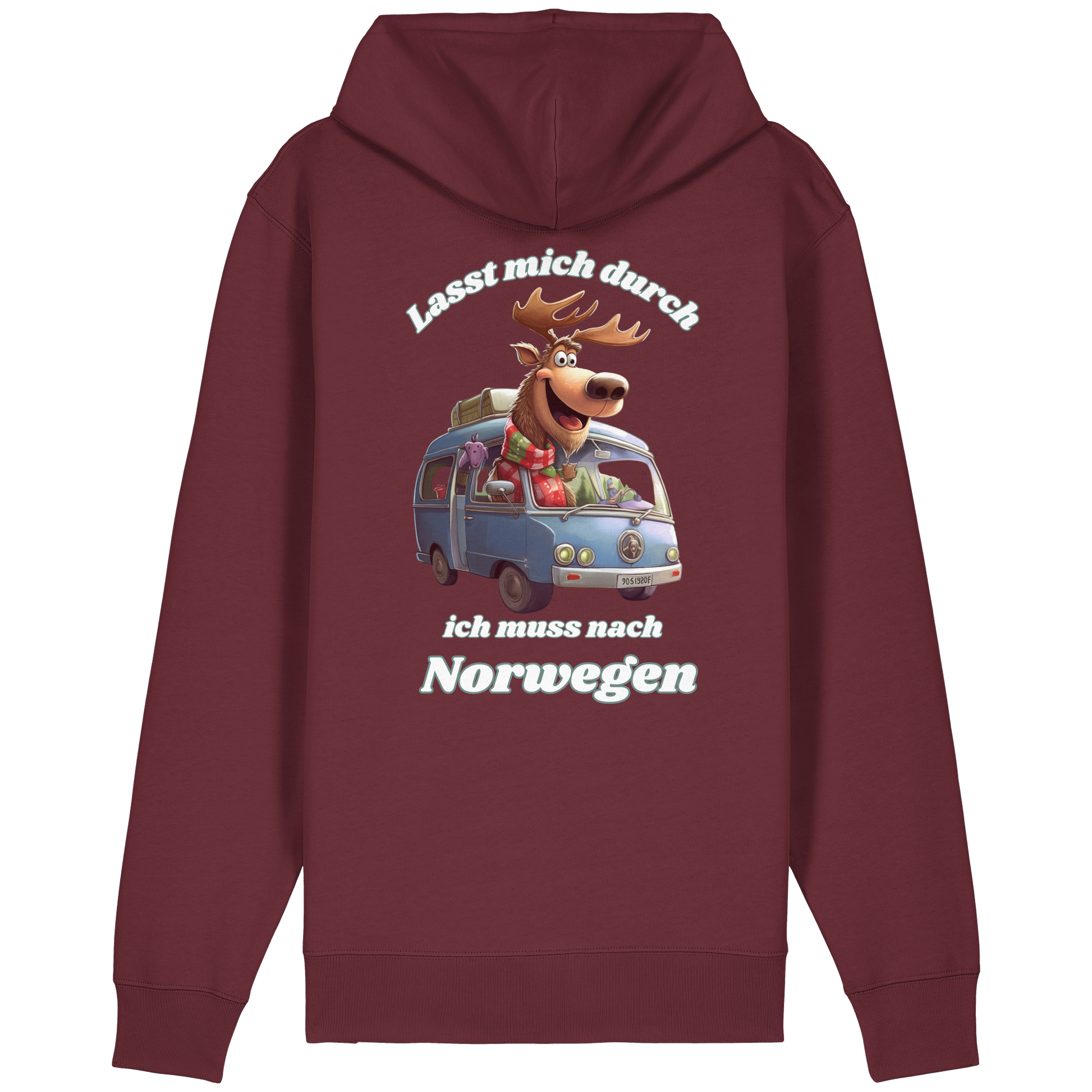 Burgundy Bio Hoodie Zipper mit Rückendruck – Lasst mich durch, ich muss nach Norwegen Motiv mit Elch und Camper

