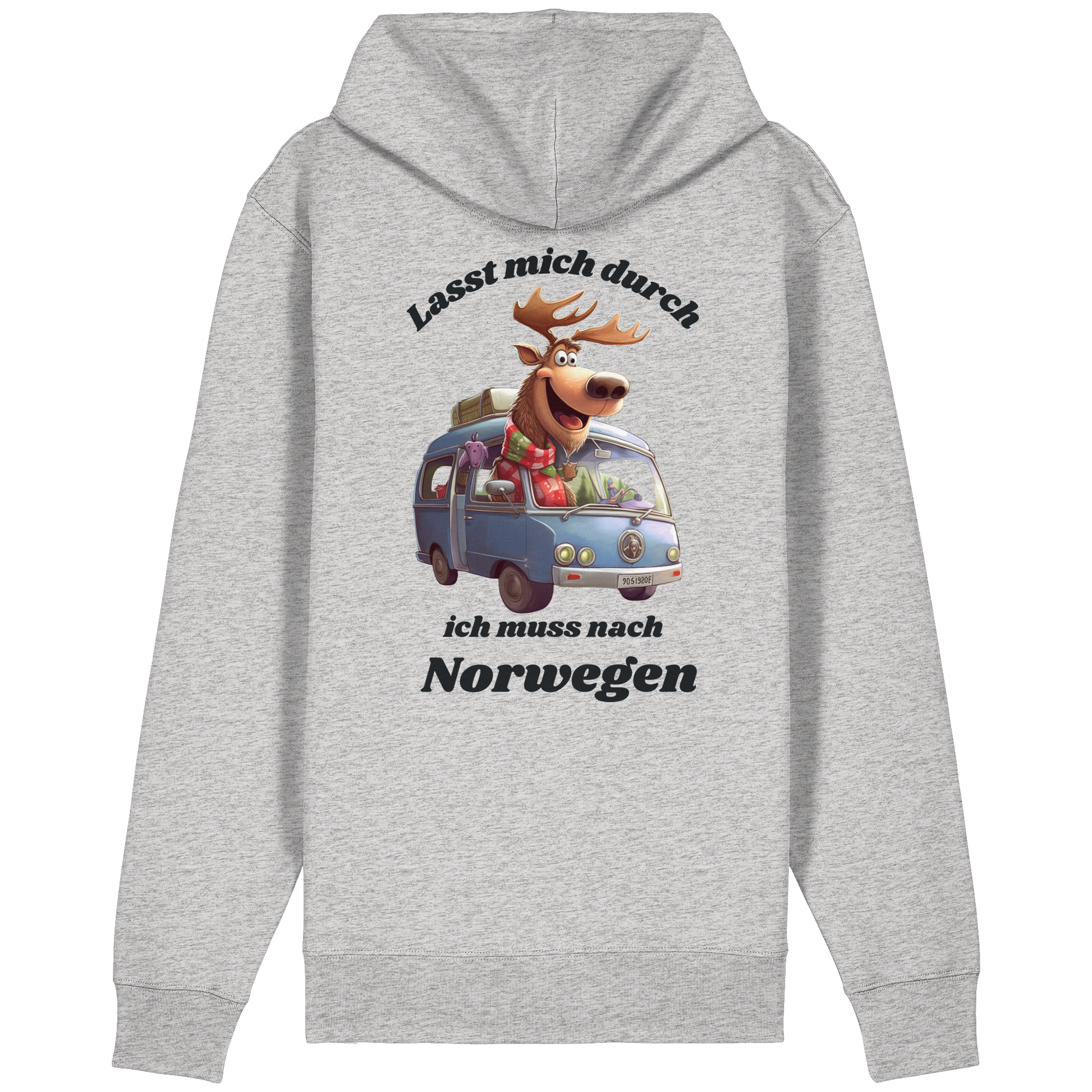 Grauer Bio Hoodie Zipper mit Rückendruck – Lasst mich durch, ich muss nach Norwegen Motiv mit Elch und Camper
