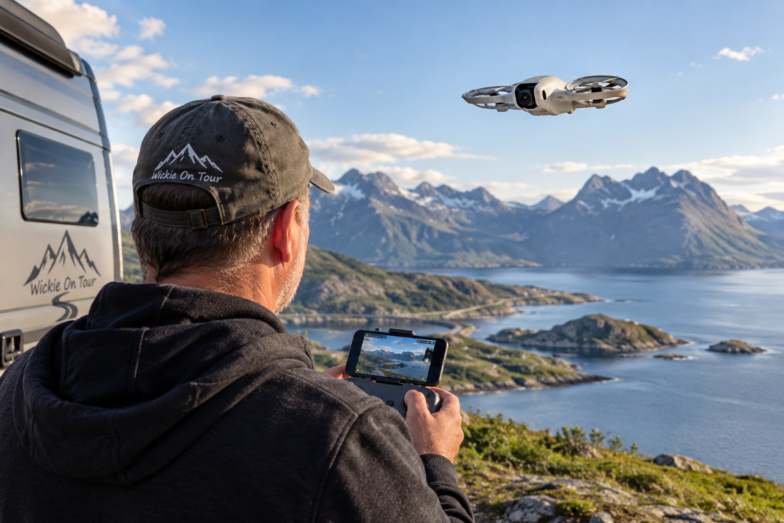 DJI Neo 2 Drohne im Flug vor norwegischer Fjordlandschaft neben dem Wohnmobil von Wickie On Tour
