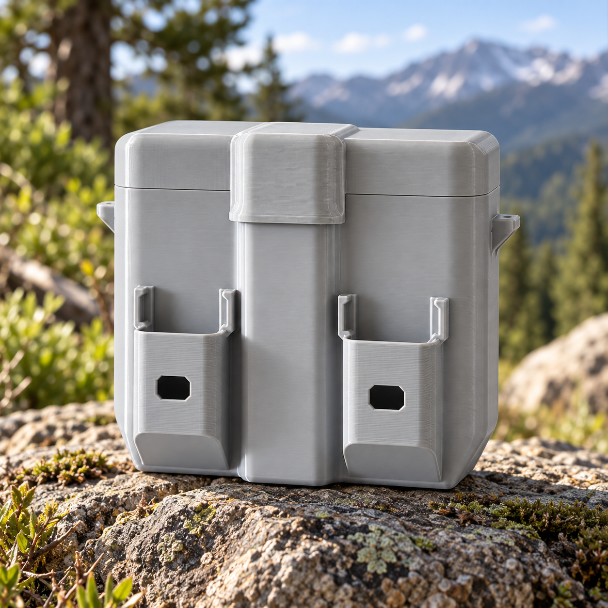 Graue 3D-gedruckte DJI Neo 2 Schutzhülle mit Platz für 2 Akkus in der Natur auf einem Felsen