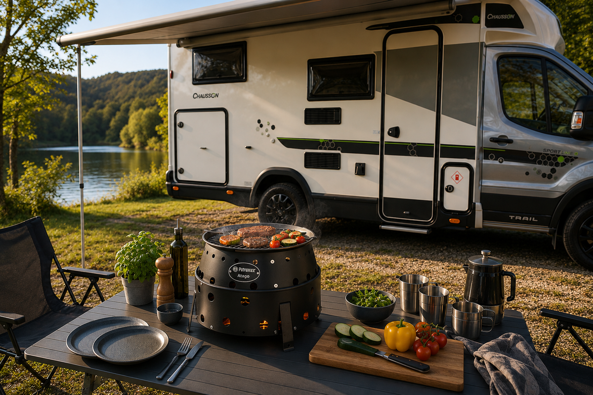 Campingküche mit Grill und Kochutensilien vor einem Wohnmobil