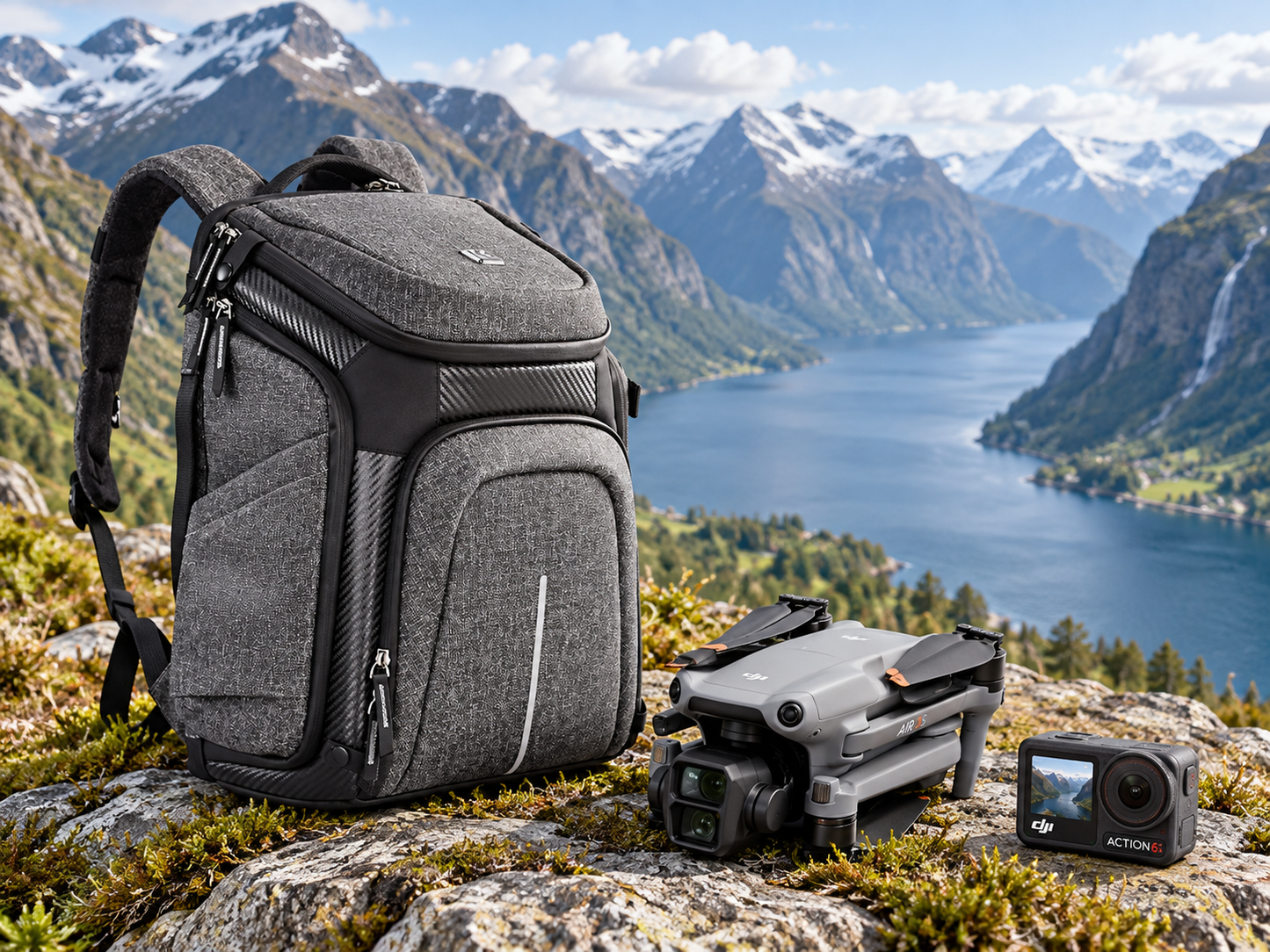 K&F Concept Kamerarucksack in der Natur Norwegens mit DJI Air 3S Drohne und DJI Action 6 vor einem Fjord und Bergen.