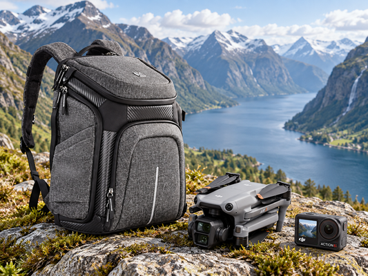 K&F Concept Kamerarucksack in der Natur Norwegens mit DJI Air 3S Drohne und DJI Action 6 vor einem Fjord und Bergen.