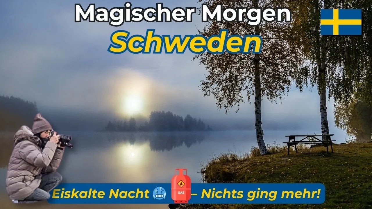 YouTube Thumbnail: Magischer Morgen in Schweden am See – Wohnmobilreise mit eiskalter Nacht und Nebelstimmung
