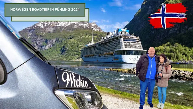 Wohnmobilreise durch Norwegen im Frühling 2024 mit Kreuzfahrtschiff im Fjord