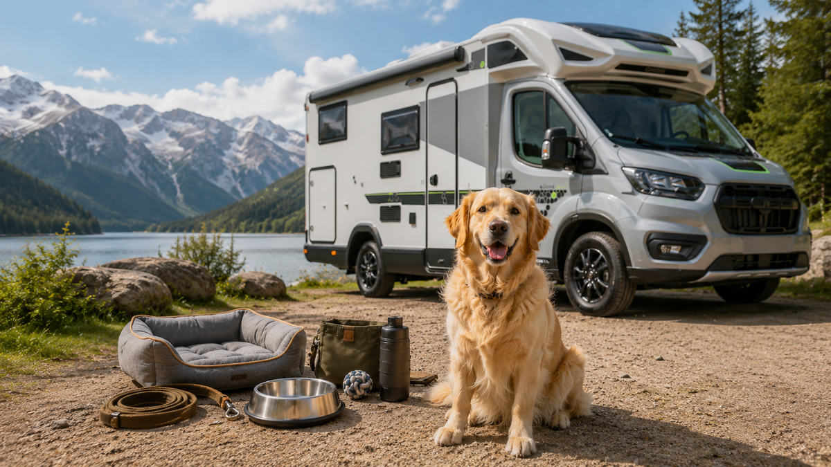 Golden Retriever vor einem Wohnmobil auf einem Stellplatz in den Bergen