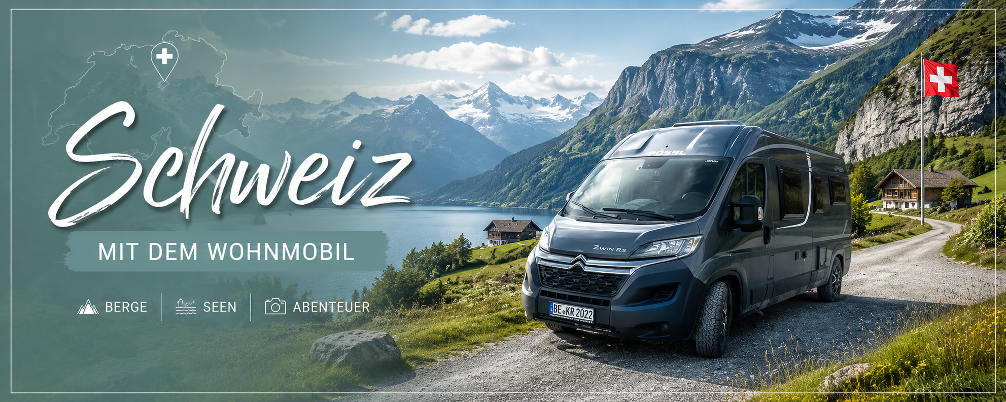 Schweiz mit dem Wohnmobil – unser Pössl Camper vor einem Bergsee in den Schweizer Alpen während einer Wohnmobilreise durch die Schweiz.