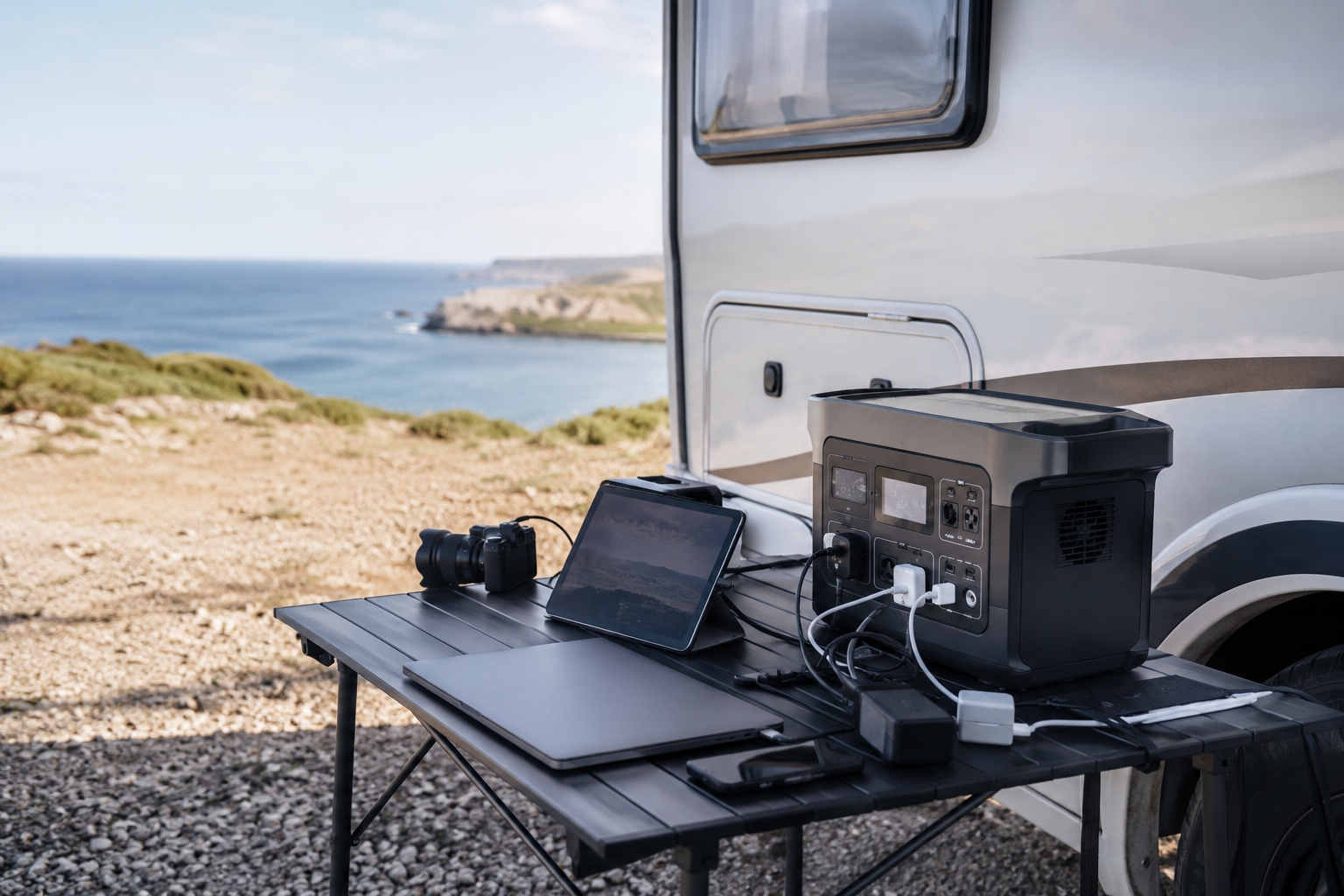 Mobile Strom- und Technikausrüstung auf einem Campingtisch neben einem Wohnmobil