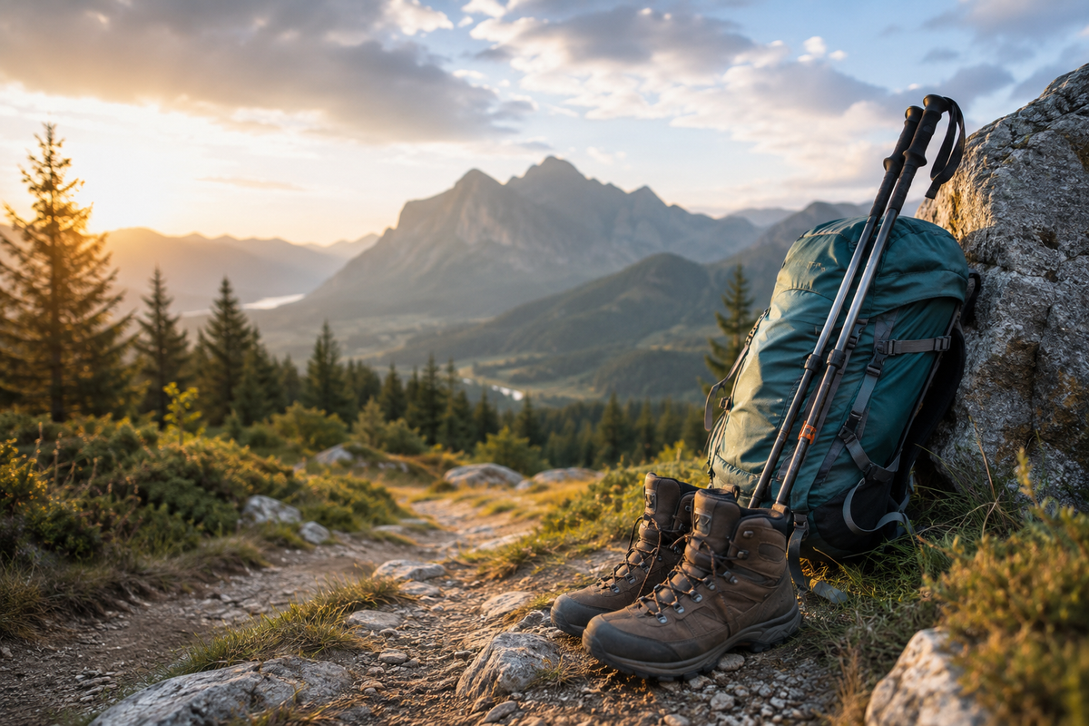 Wanderrucksack auf einem Bergweg bei Sonnenuntergang