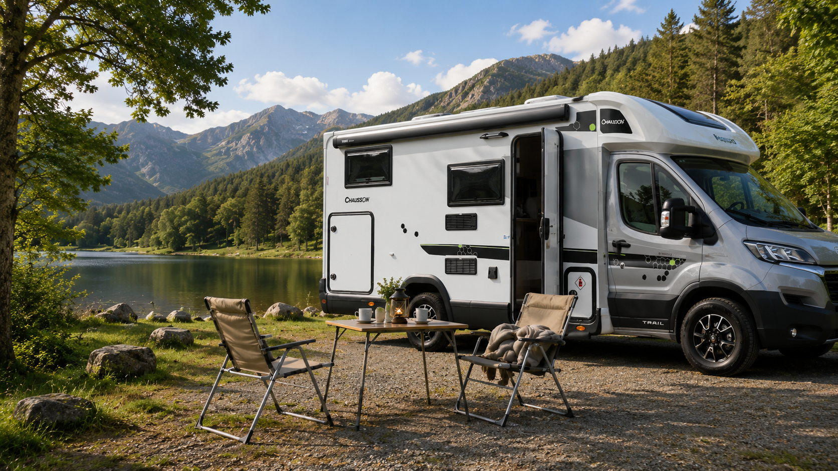 Wohnmobil an einem Bergsee mit Campingstühlen und Tisch auf dem Stellplatz