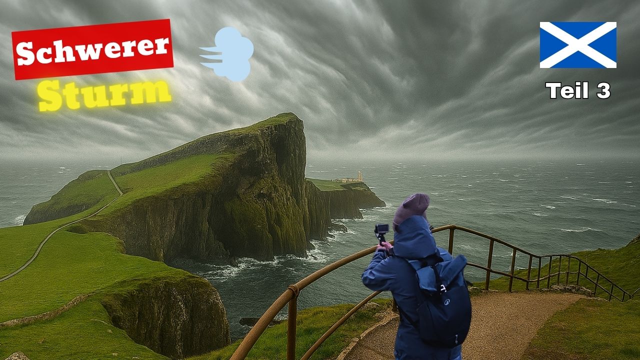 Wohnmobilreise Schottland Teil 3 – Schwerer Sturm am Neist Point Lighthouse auf der Isle of Skye. Dramatische Küstenlandschaft mit Leuchtturm im Orkan.